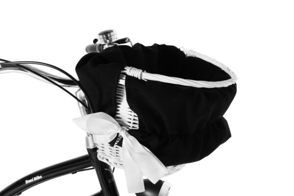 Sort cykelkurv med hvid båndpynt