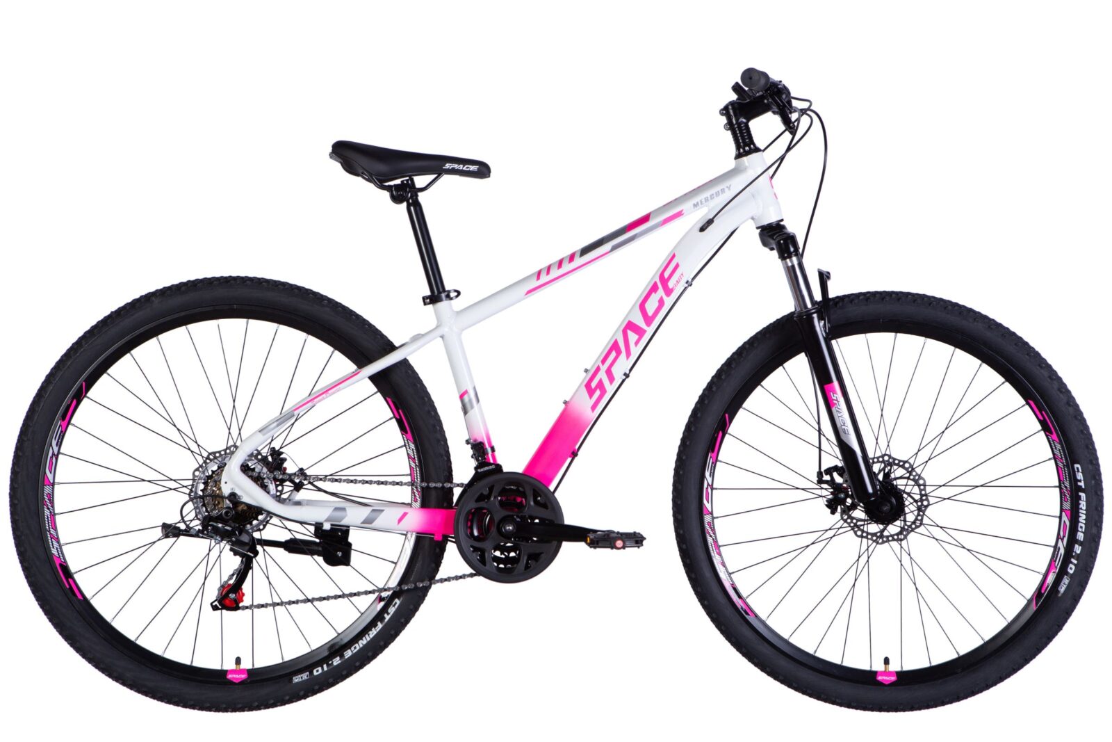 Mountainbike med pink og hvid farve.