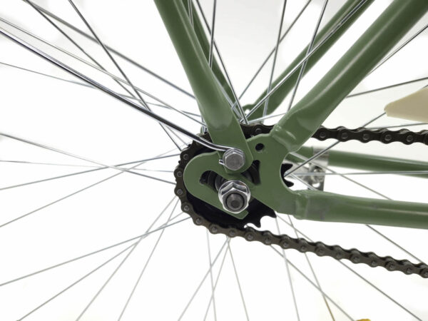 Grøn cykelkæde og hjulnav i nærbillede